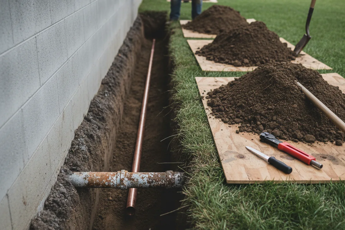 Excavated water line trench during Sewer Line Repair in Magee